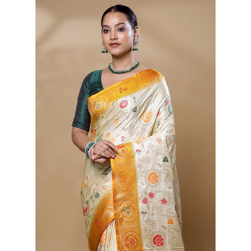 Cream Dupion Silk Saree With Blouse Piece - JD986605978