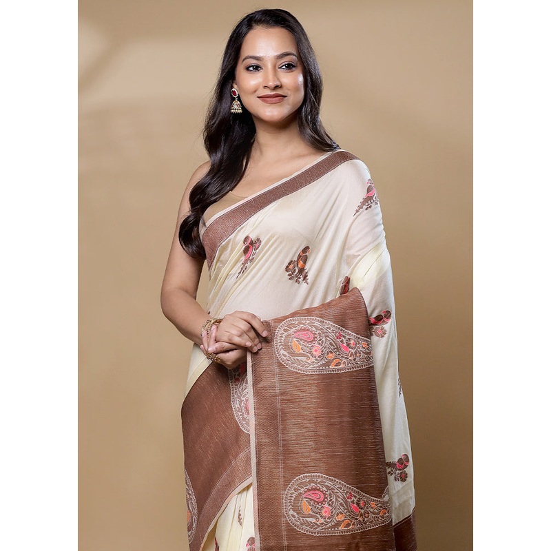 Cream Dupion Silk Saree With Blouse Piece - JD986605979