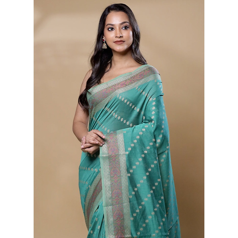 Green Cotton Saree With Blouse Piece - JD986605977