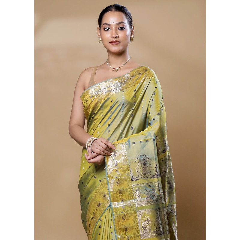 Green Handloom Baluchari Pure Silk Saree With Blouse Piece - JD986605975