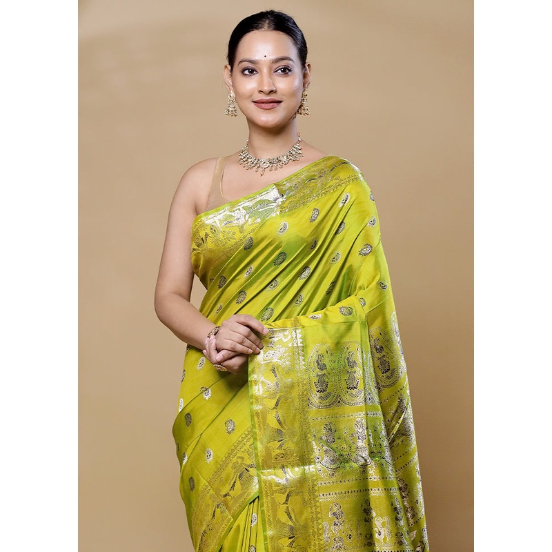 Green Handloom Baluchari Pure Silk Saree With Blouse Piece - JD986606056