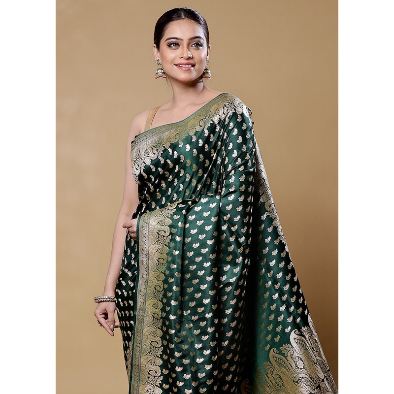 Green Handloom Banarasi Pure Silk Saree With Blouse Piece - JD986605966