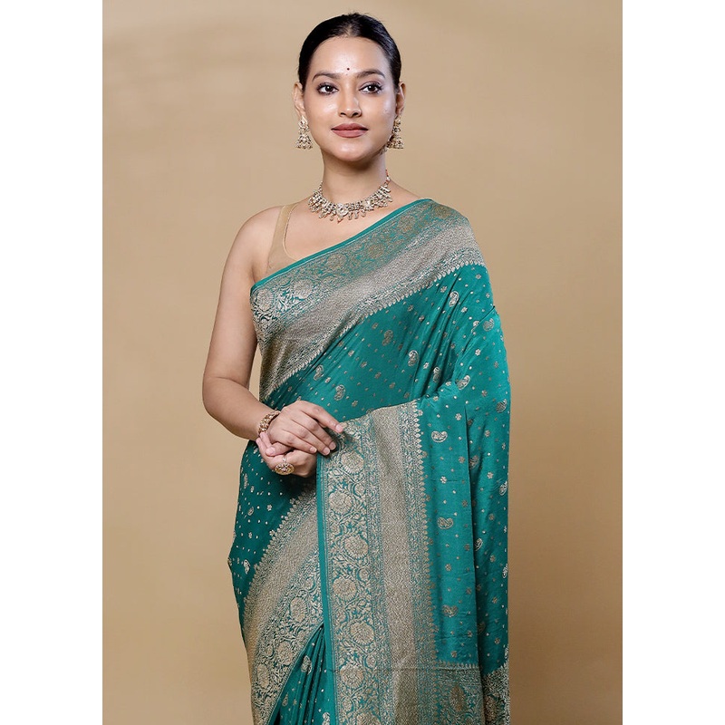 Green Handloom Pure Georgette Saree With Blouse Piece - JD986606055