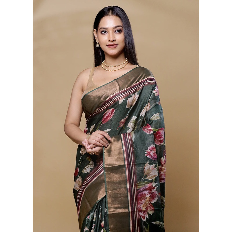 Green Handloom Tussar Pure Silk Saree With Blouse Piece - JD986606054