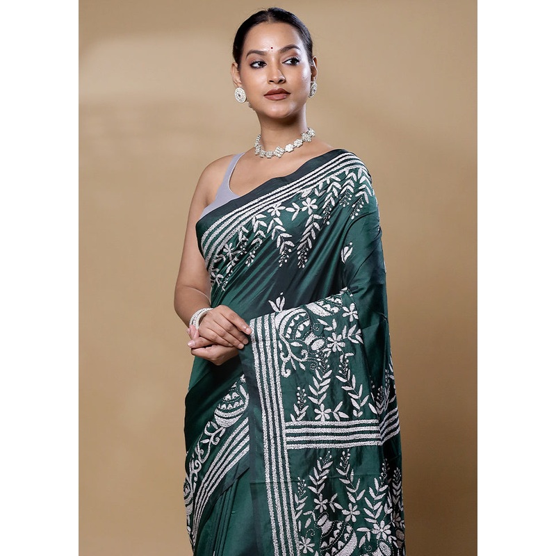 Green Kantha Stitch Silk Saree With Blouse Piece - JD986605974