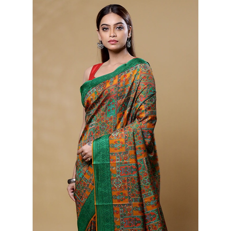 Green Printed Pure Silk Saree Without Blouse Piece - JD986605961