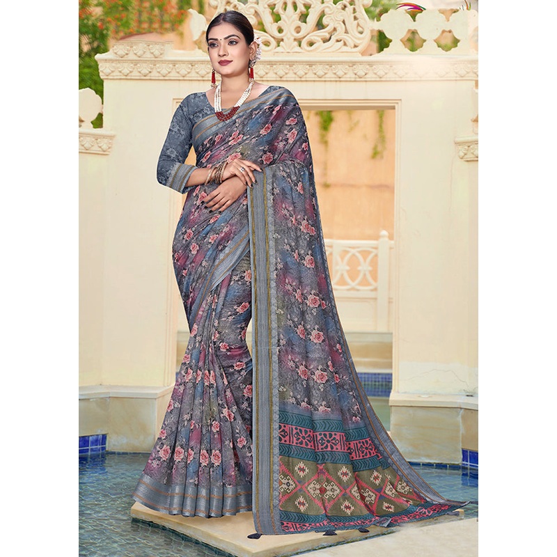 Grey Chanderi Silk Saree With Blouse Piece - JD986606022