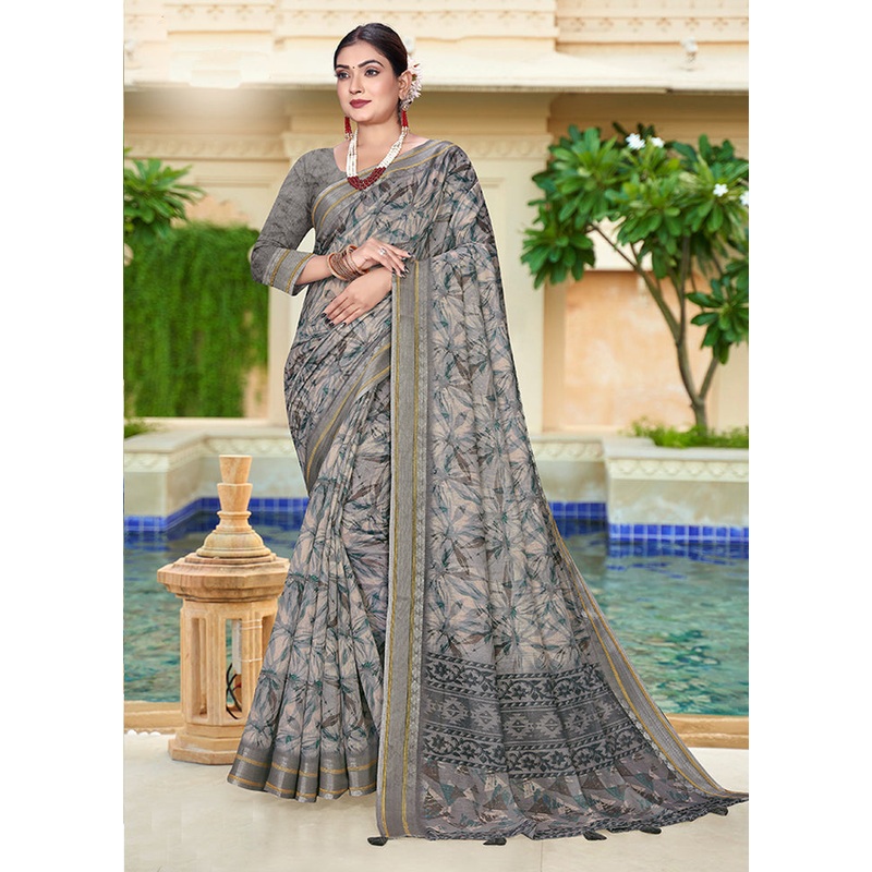 Grey Chanderi Silk Saree With Blouse Piece - JD986606027