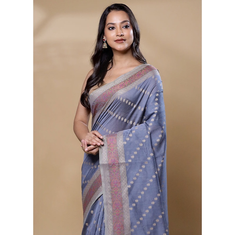 Grey Cotton Saree With Blouse Piece - JD986605972