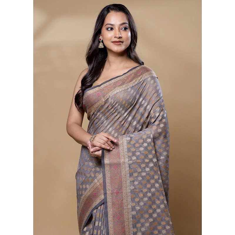 Grey Cotton Saree With Blouse Piece - JD986605973