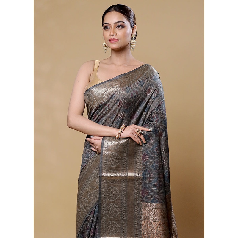 Grey Tussar Silk Saree With Blouse Piece - JD986605957