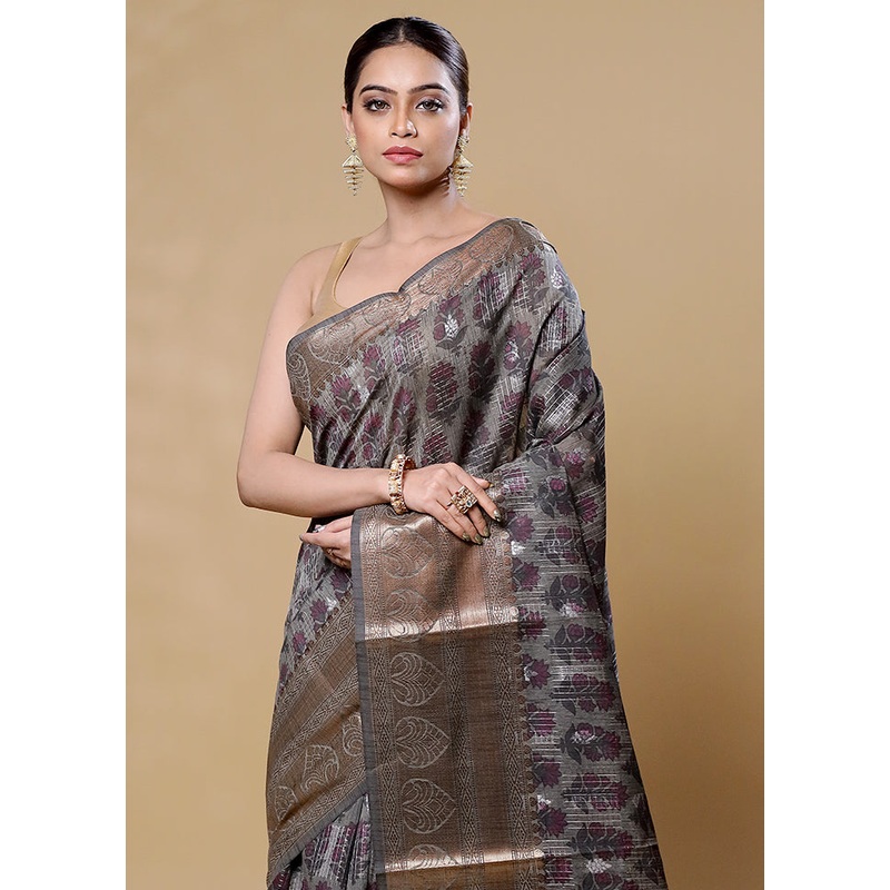 Grey Tussar Silk Saree With Blouse Piece - JD986605958
