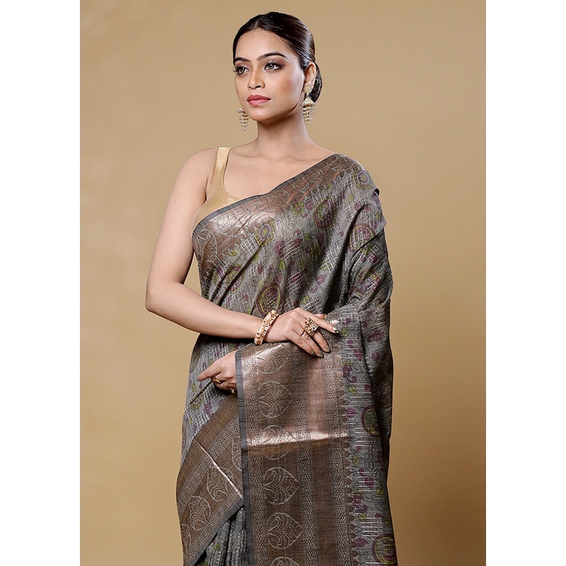 Grey Tussar Silk Saree With Blouse Piece - JD986605959