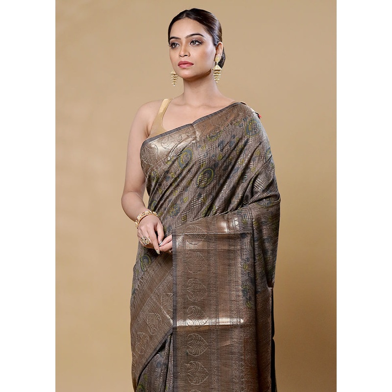 Grey Tussar Silk Saree With Blouse Piece - JD986605960