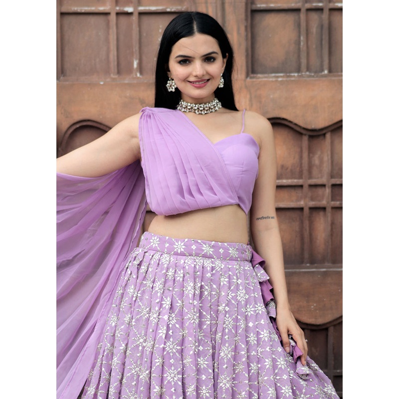 Lavender Georgette Readymade Lehenga Set - JD986605933