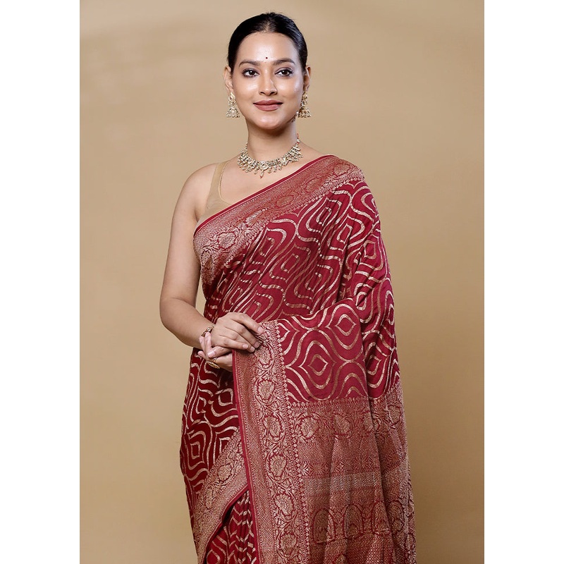 Maroon Handloom Pure Georgette Saree With Blouse Piece - JD986606050