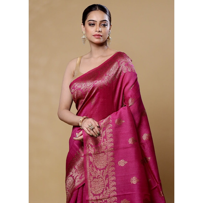 Maroon Handloom Tussar Pure Silk Saree With Blouse Piece - JD986605956