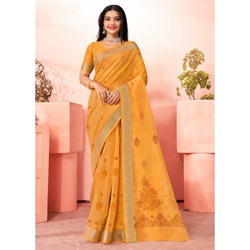 Mustard Chanderi Silk Saree With Blouse Piece - JD986606020