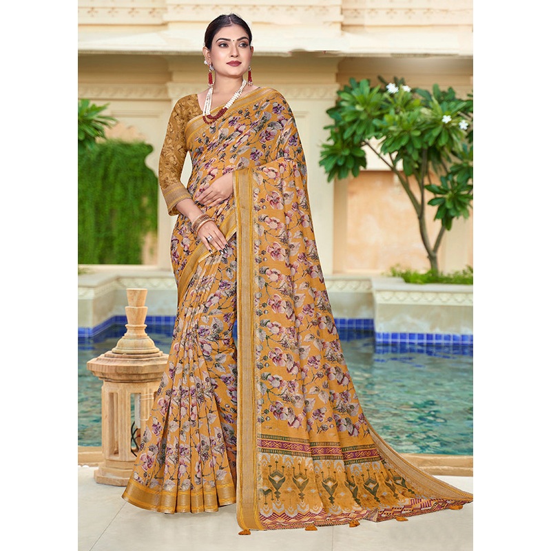 Mustard Chanderi Silk Saree With Blouse Piece - JD986606021
