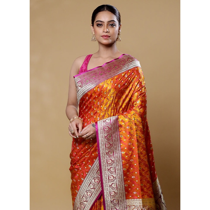 Orange Handloom Tanchoi Pure Silk Saree With Blouse Piece - JD986605954