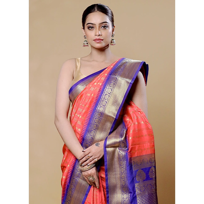 Orange Kanjivaram Silk Saree With Blouse Piece - JD986605953