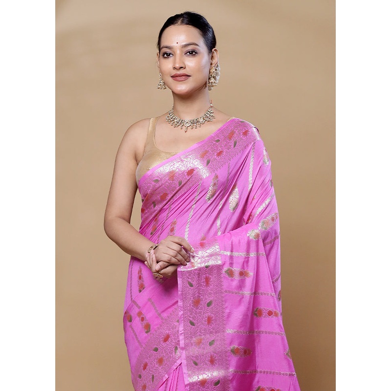 Pink Dupion Silk Saree With Blouse Piece - JD986606049