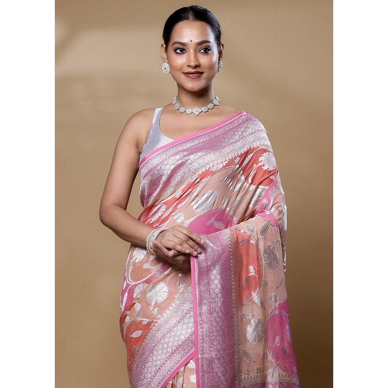 Pink Handloom Pure Georgette Saree With Blouse Piece - JD986605970
