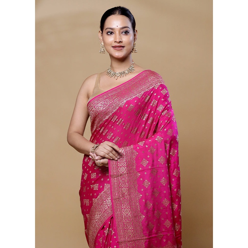 Pink Handloom Pure Georgette Saree With Blouse Piece - JD986606047