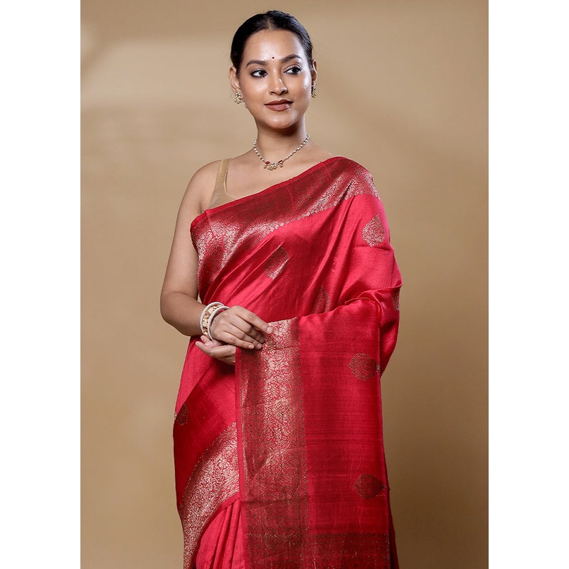 Pink Handloom Tussar Pure Silk Saree With Blouse Piece - JD986606045
