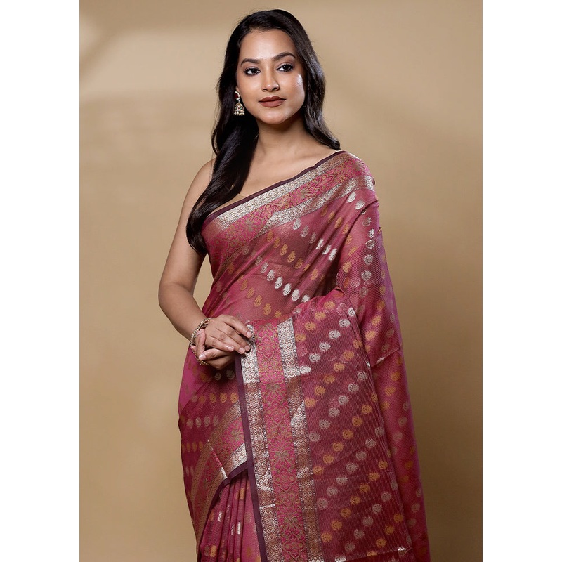 Pink Pure Cotton Saree With Blouse Piece - JD986606043