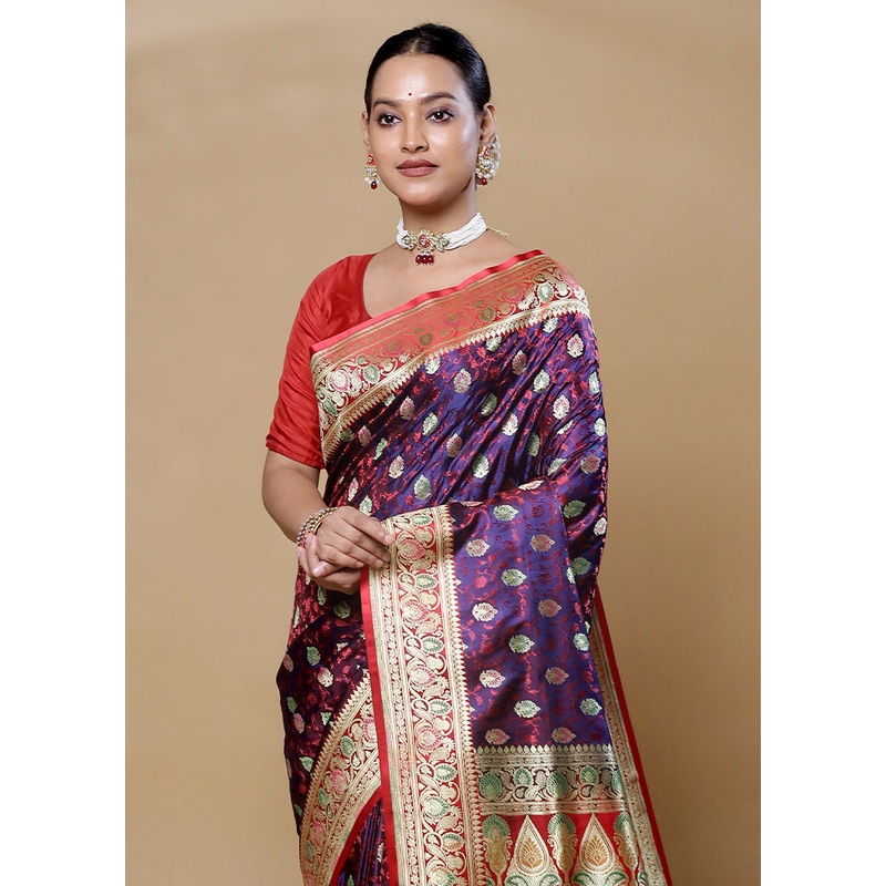 Purple Handloom Tanchoi Pure Silk Saree With Blouse Piece - JD986606041