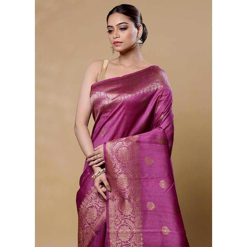 Purple Handloom Tussar Pure Silk Saree With Blouse Piece - JD986605950