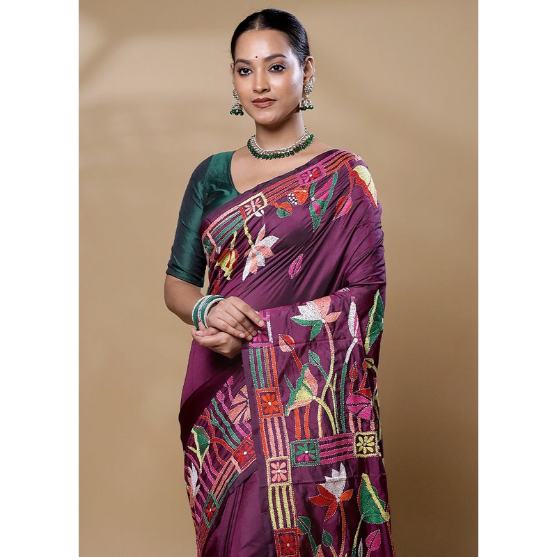 Purple Kantha Stitch Silk Saree With Blouse Piece - JD986606039