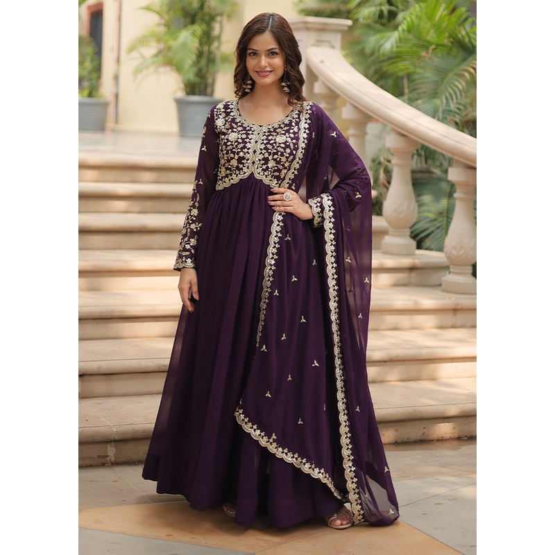 Purple Readymade Silk Dupatta Indian Dress - JD986606083