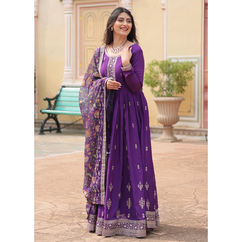 Purple Readymade Silk Dupatta Indian Dress - JD986606084