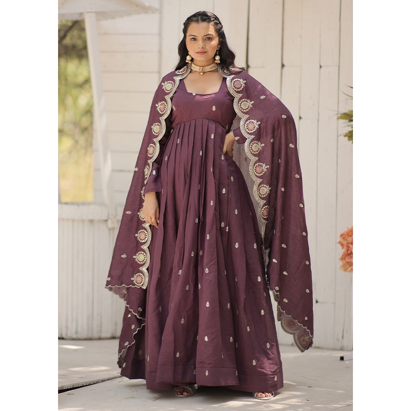 Purple Readymade Silk Dupatta Indian Dress - JD986606085