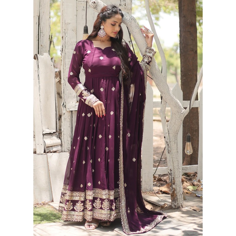 Purple Readymade Silk Dupatta Indian Dress - JD986606086