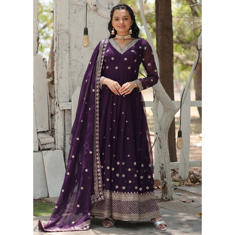 Purple Readymade Silk Dupatta Indian Dress - JD986606087