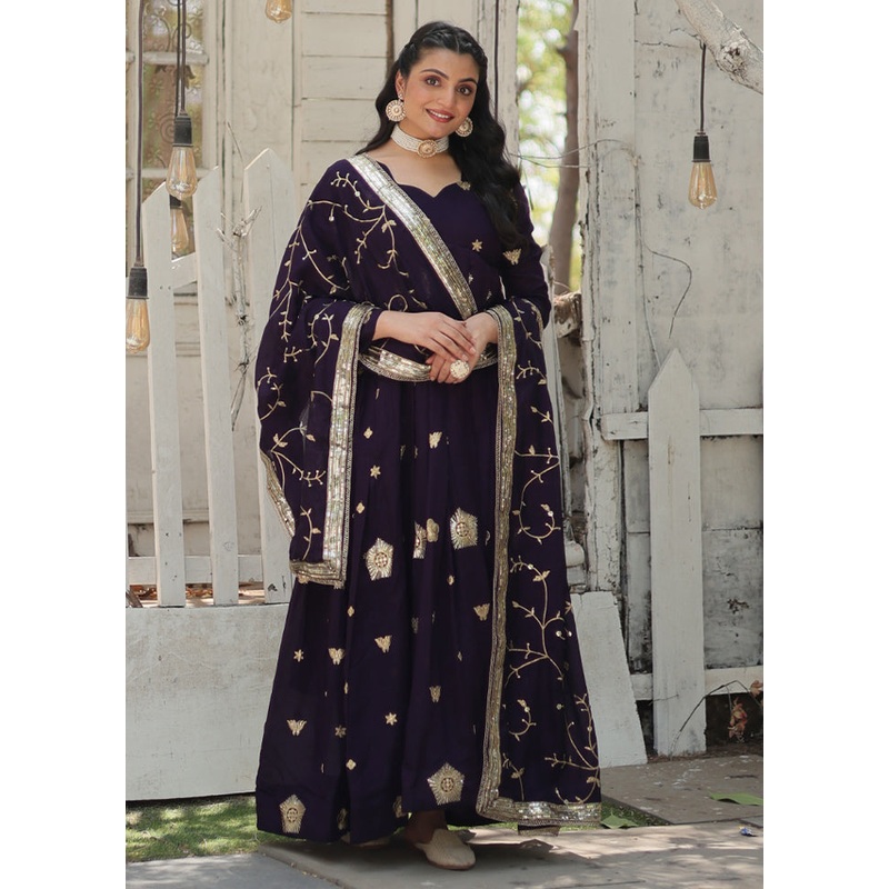 Purple Readymade Silk Dupatta Indian Dress - JD986606088