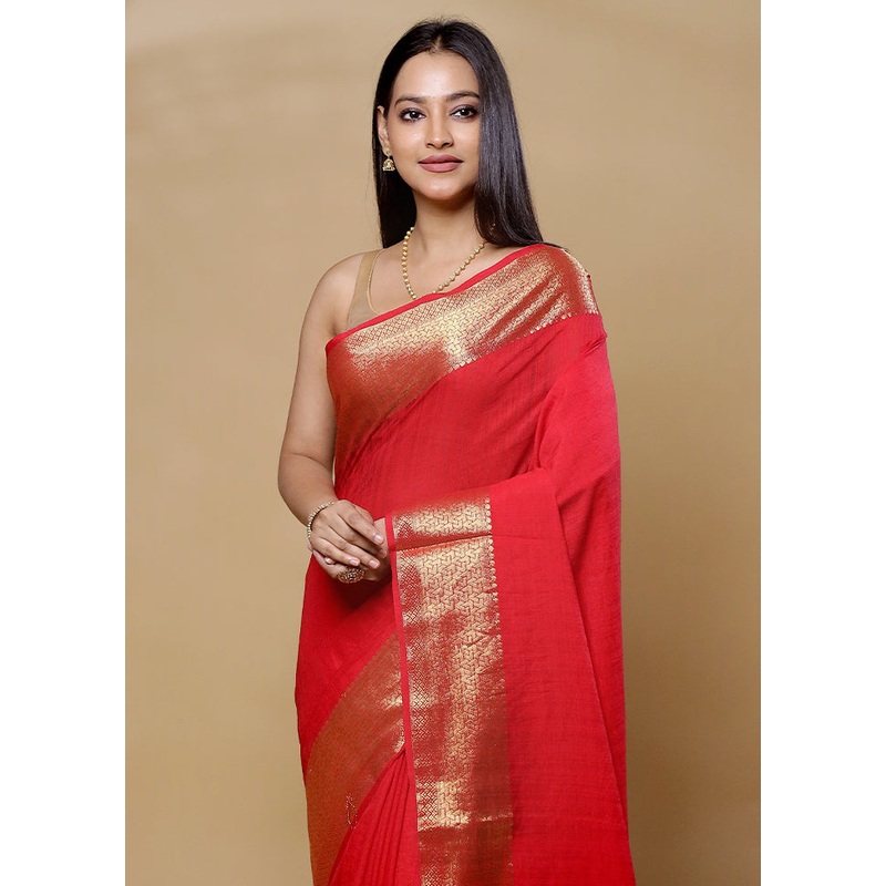 Red Dupion Silk Saree With Blouse Piece - JD986606038