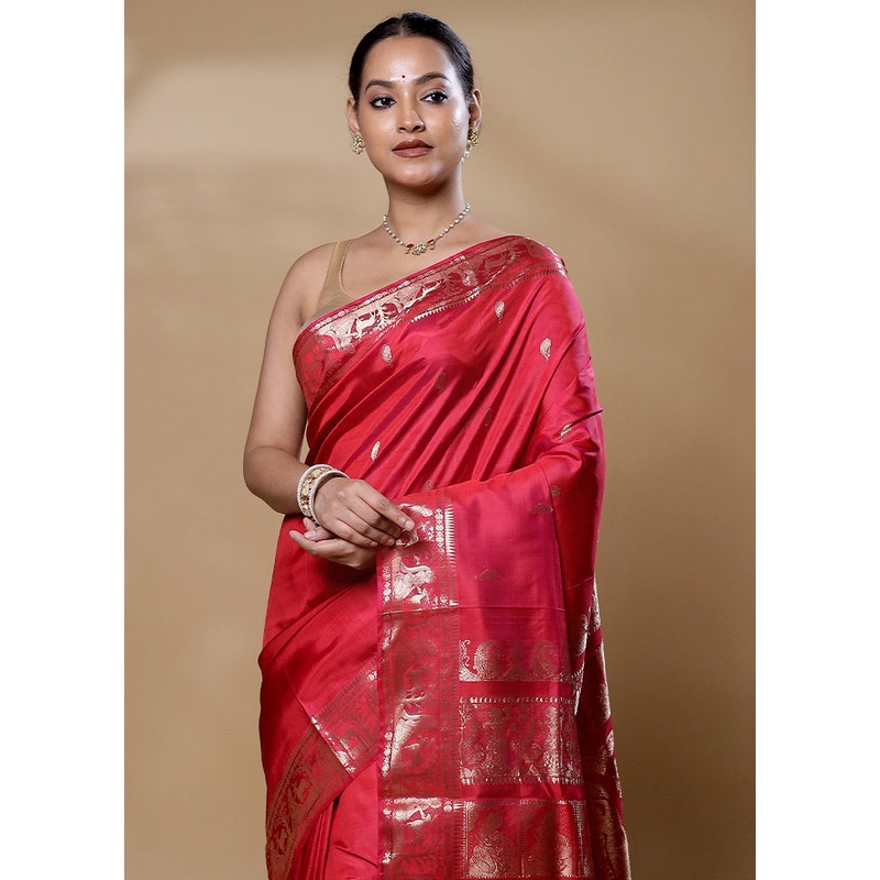 Red Handloom Baluchari Pure Silk Saree With Blouse Piece - JD986606037