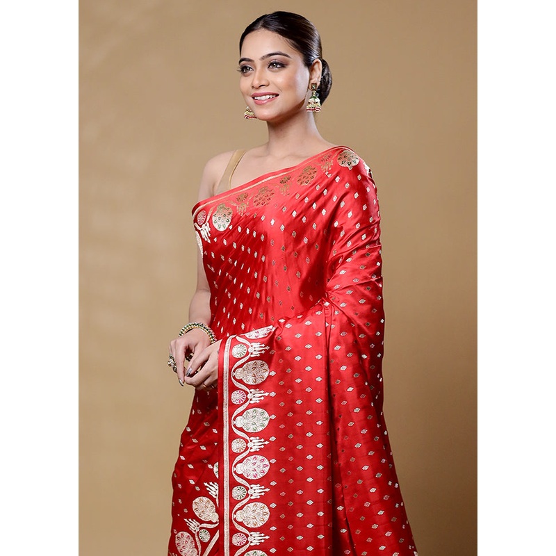 Red Handloom Banarasi Pure Silk Saree With Blouse Piece - JD986605947