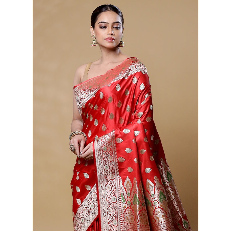 Red Handloom Banarasi Pure Silk Saree With Blouse Piece - JD986605948