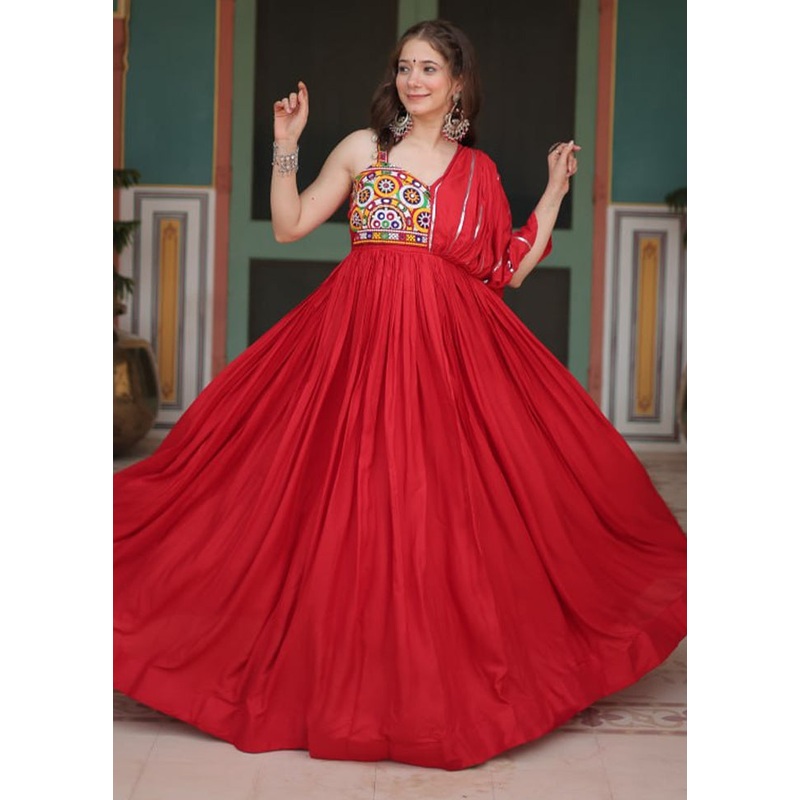 Red Readymade Rayon Indian Dress - JD986606075