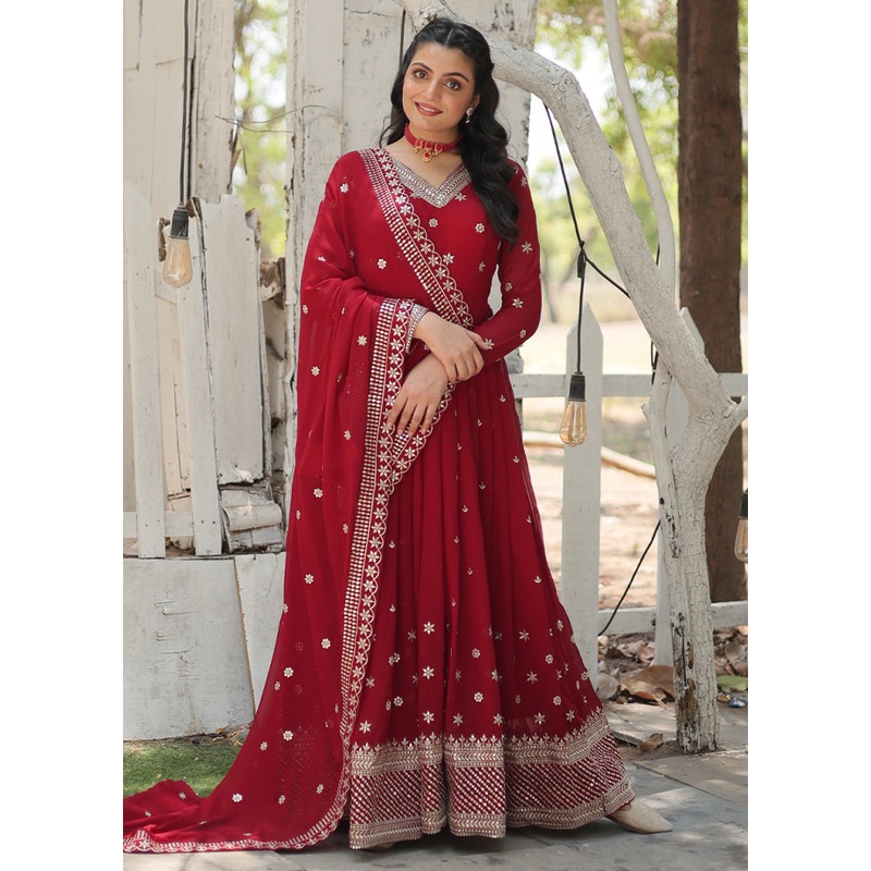 Red Readymade Silk Dupatta Indian Dress - JD986606074