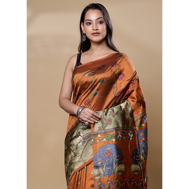 Rust Printed Pure Silk Saree Without Blouse Piece - JD986606036