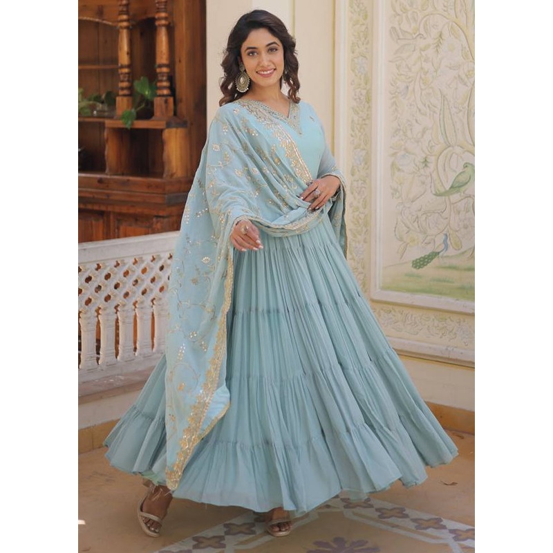 Sky Blue Readymade Georgette Dupatta Indian Dress - JD986606073