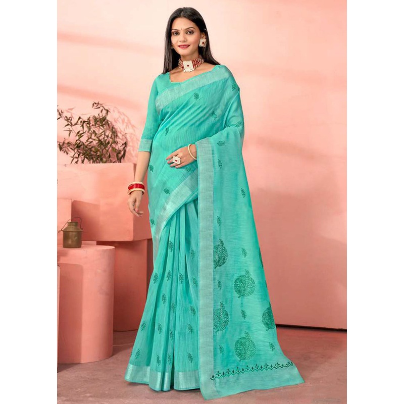 Turquoise Chanderi Silk Saree With Blouse Piece - JD986606012