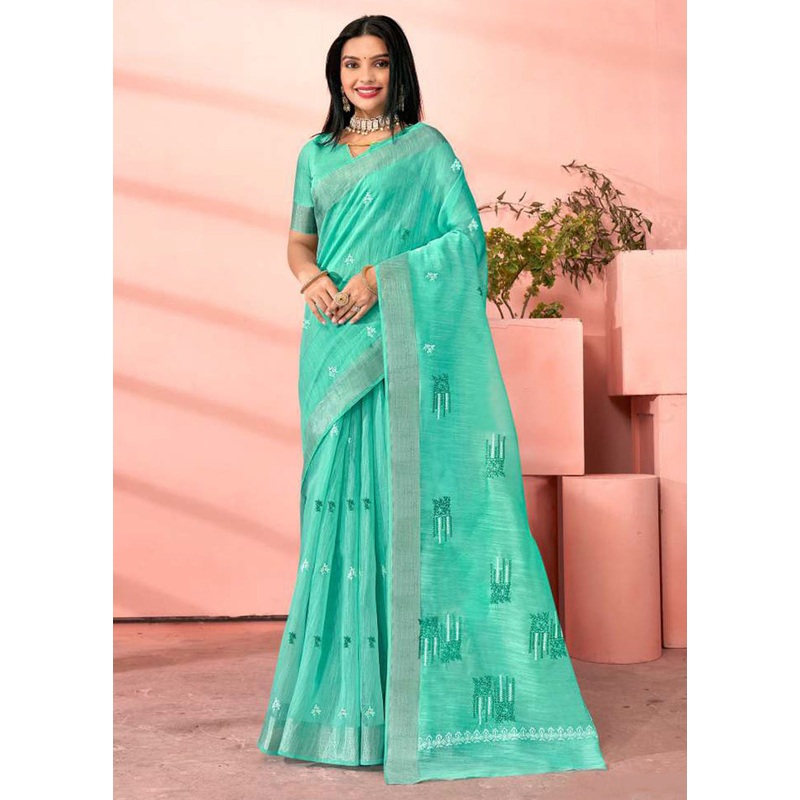 Turquoise Chanderi Silk Saree With Blouse Piece - JD986606013