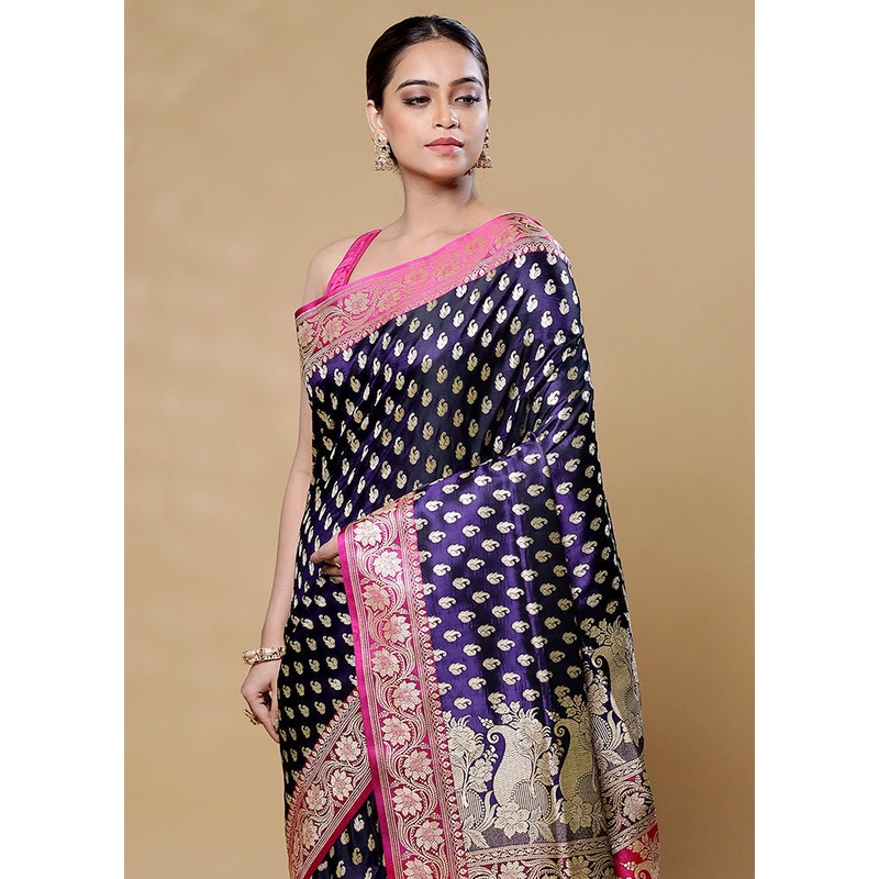 Violet Handloom Banarasi Pure Silk Saree With Blouse Piece - JD986605969